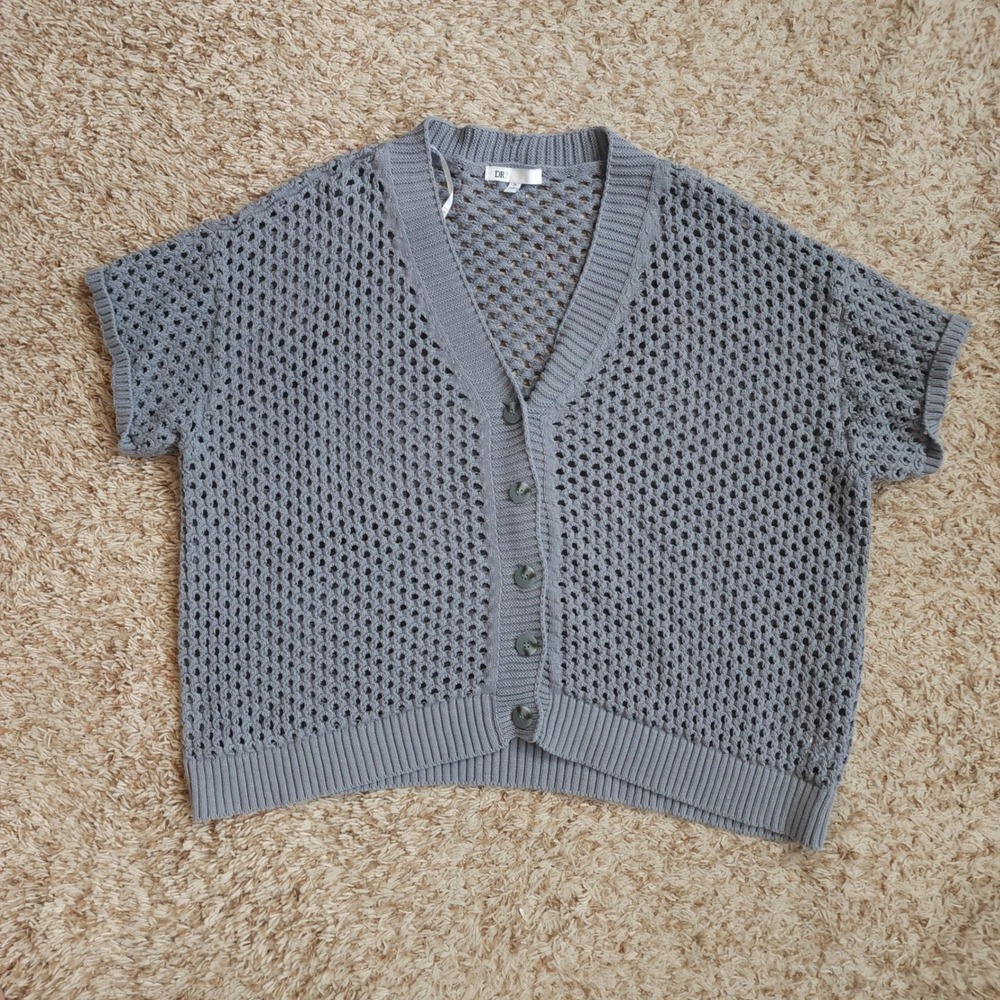 DR2 Cardigan Women 3X Gray Short Sleeve Open Knit Cotton Button Up DRX70741